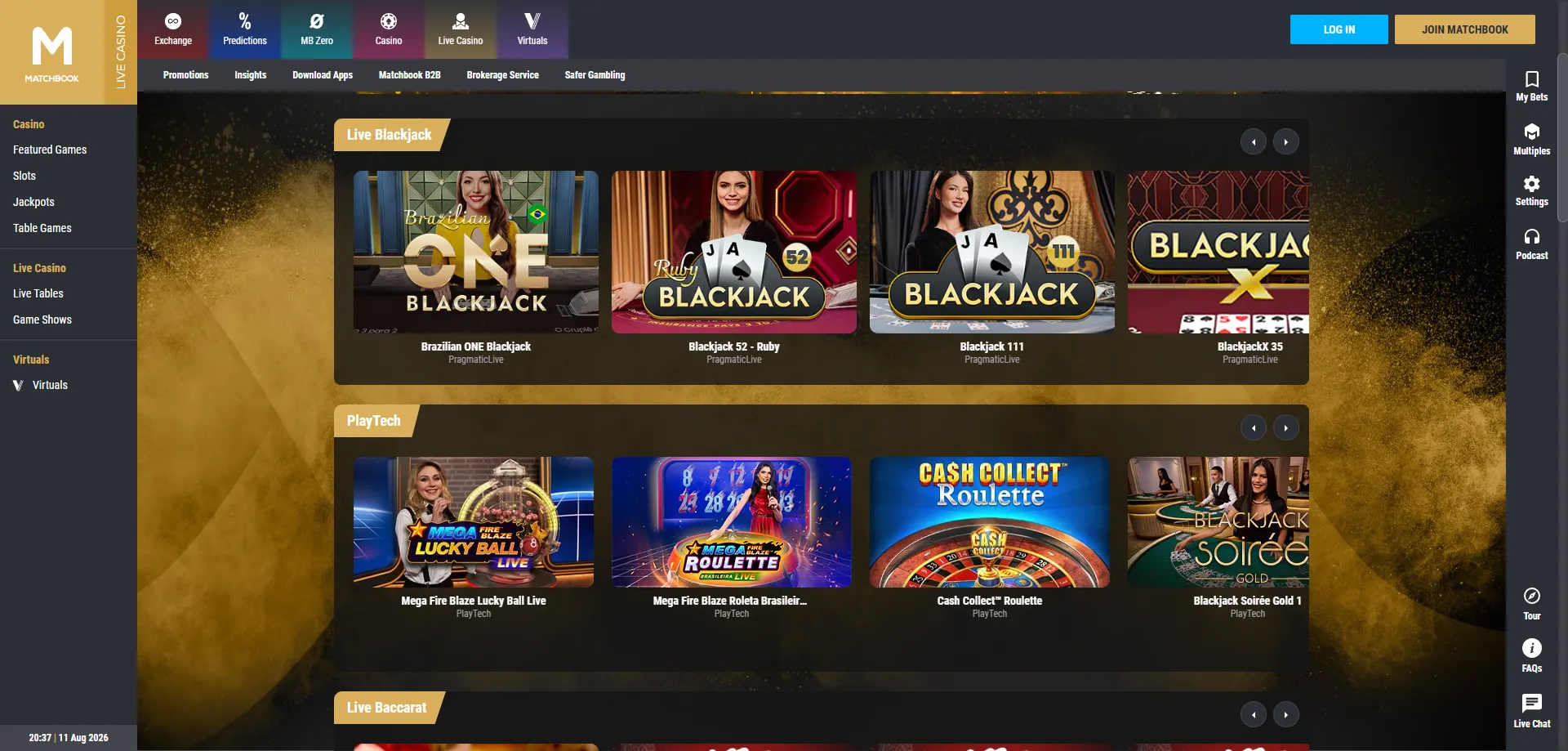 Matchbook Casino dealer en vivo — ruleta y blackjack en tiempo real